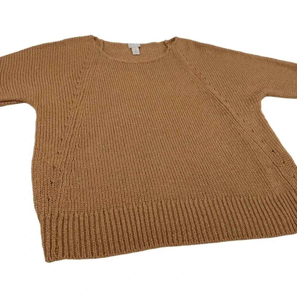 CHICOS Size Large Short Sleeve Sweater Peach Metallic Knit Pointelle Easter Wear